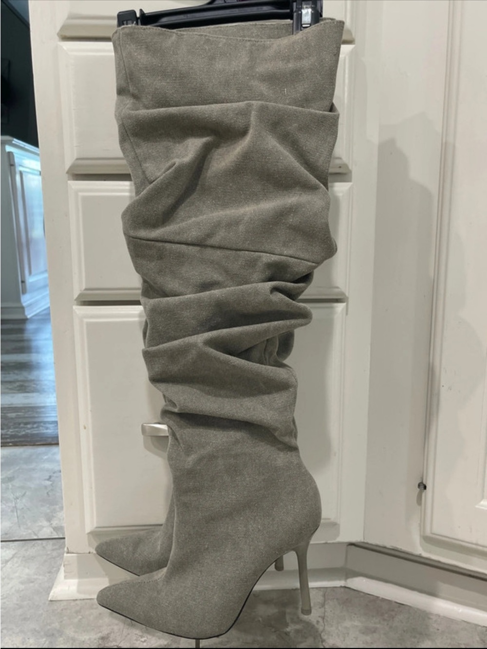 Zara Gray Slouch Over-the-Knee Pointed-Toe Stiletto Boots